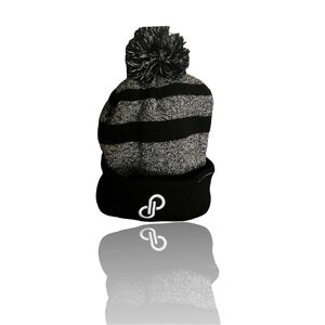 Poshmark Pom-Pom Swag Black & Gray Embroidered Logo Knit Beanie Perfect NWOT